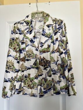 Italian Linen Printed Nautical Theme Blazer in Blue, Green & White